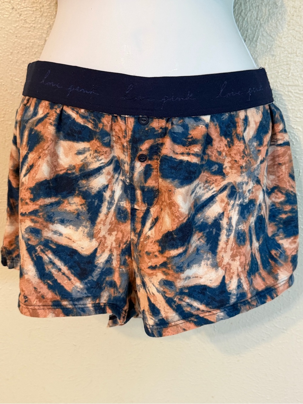 Victoria's Secret PINK Boxer-style Blue Tie Dye Fold Over Waistband sleep shorts - Picture 7 of 16